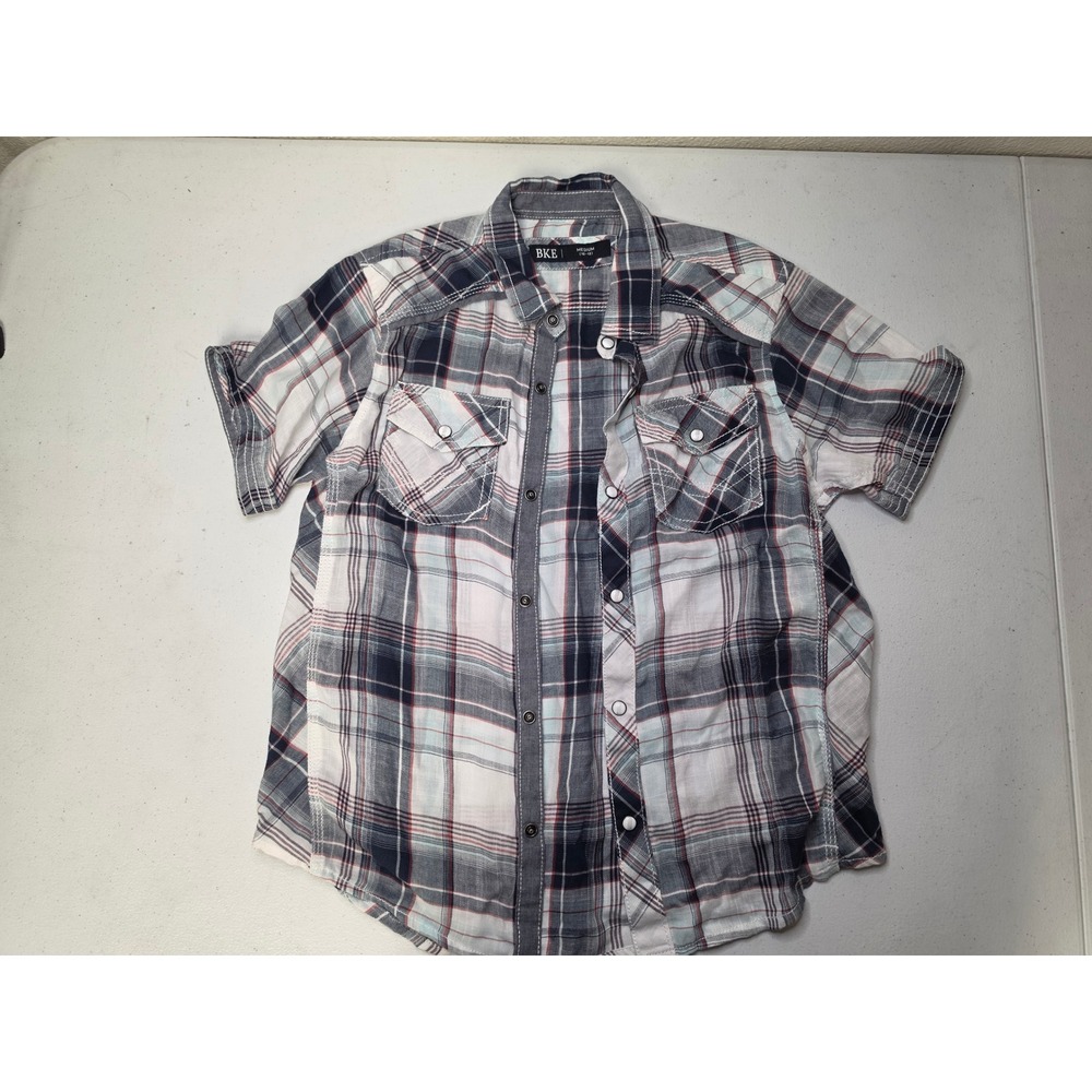 BKE Boys Plaid Short Sleeve Western Snap Down Shirt Navy White Red Medium 10-12